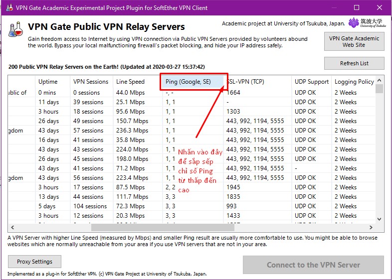 Danh sách các Server có tại phần mềm VPN Gate